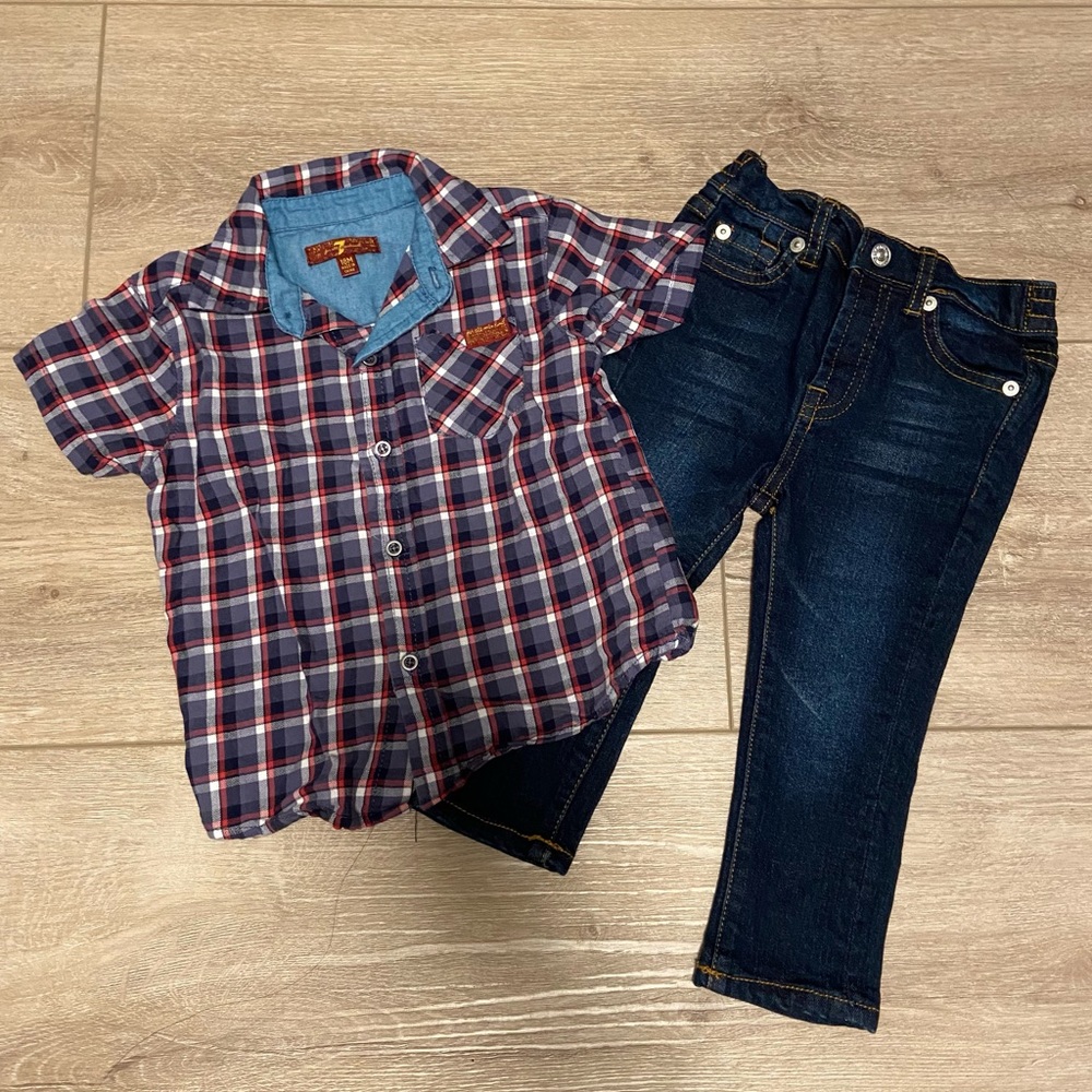 7 For All Mankind 2 piece set plaid short sleeve button shirt and jeans